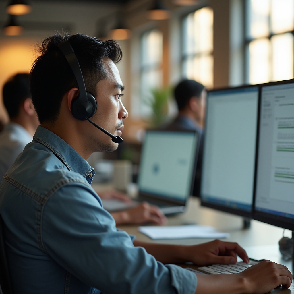 Customer support team lead reading a queue of support emails on a monitor