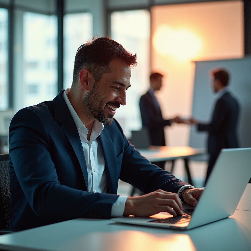 Sales professional reviewing prospect emails on a laptop at a bright desk