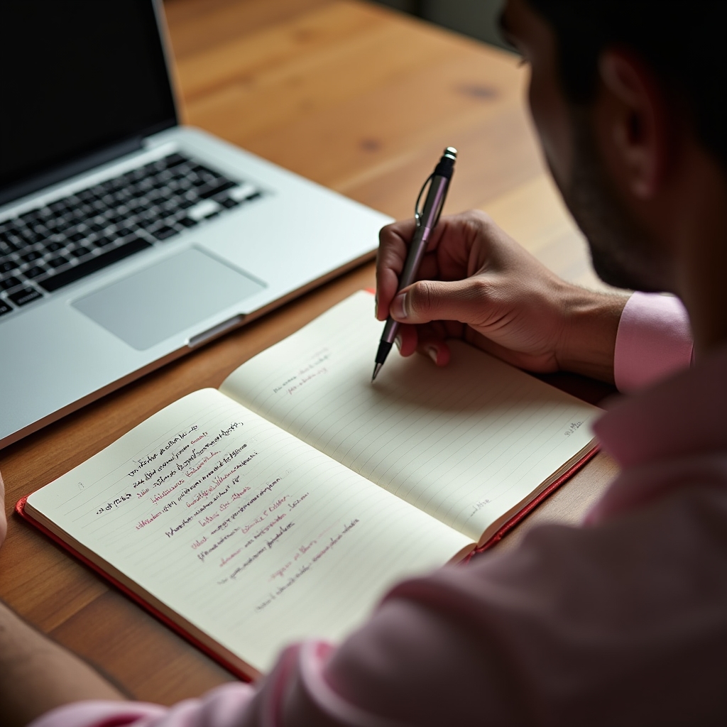 Notebook with draft email subject lines being written by hand