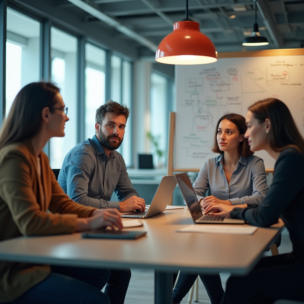 Small team discussing communication habits around a table with laptops