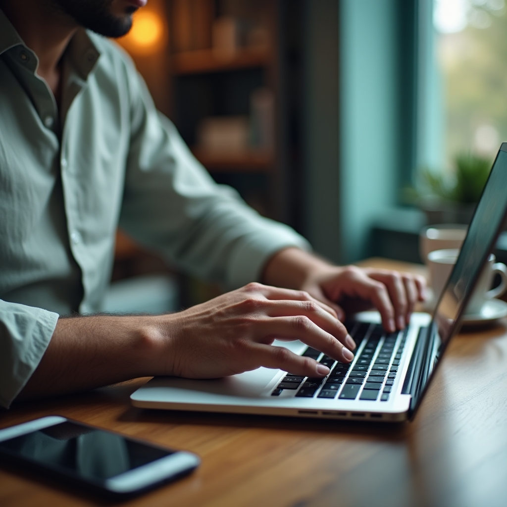 Hands typing a short email reply on a laptop keyboard